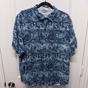 Tommy Bahama Mens Shirt XL Blue Palm Tree Leaves Short Sleeve Aloha